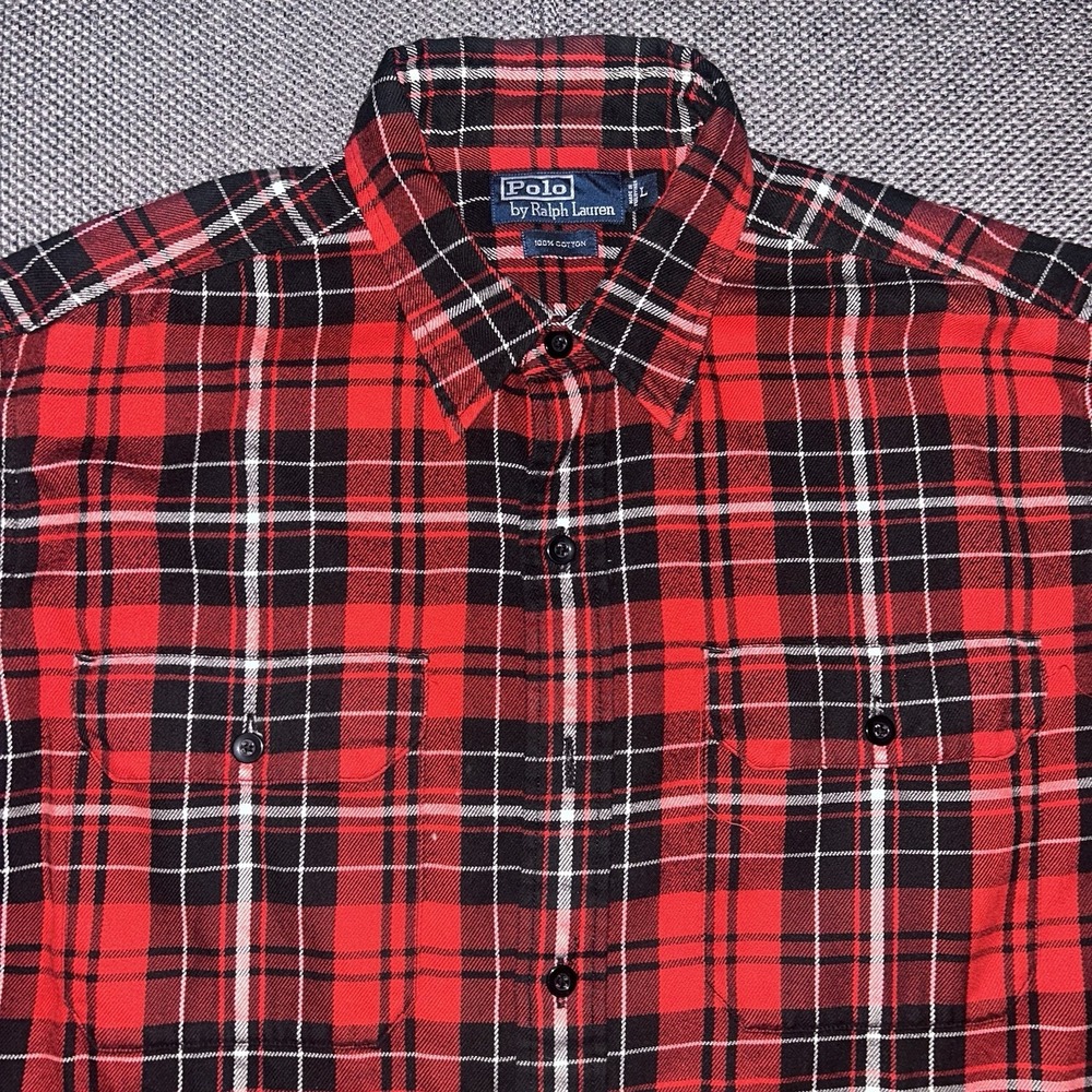 Vintage 90s Polo Ralph Lauren Men's Red/Black Thick Cotton Plaid Flannel Shirt L
